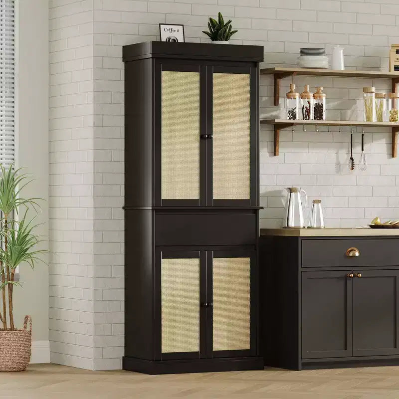 Rattan Kitchen Pantry Storage Cabinet,Cabinet,69 Freestanding Cupboard Cabinet with Drawer with Doors and Adjustable Shelves for Bathroom