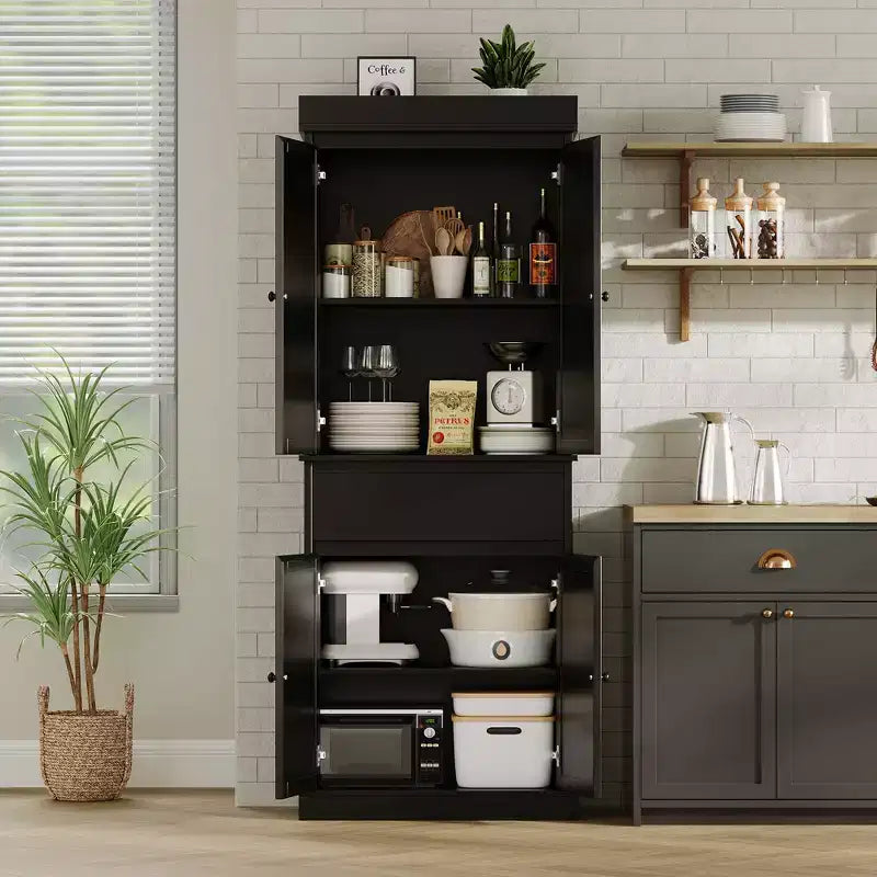 Rattan Kitchen Pantry Storage Cabinet,Cabinet,69 Freestanding Cupboard Cabinet with Drawer with Doors and Adjustable Shelves for Bathroom