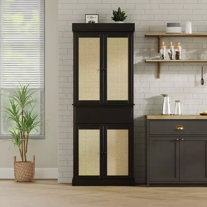 Rattan Kitchen Pantry Storage Cabinet,Cabinet,69 Freestanding Cupboard Cabinet with Drawer with Doors and Adjustable Shelves for Bathroom