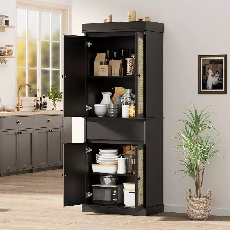 Rattan Kitchen Pantry Storage Cabinet,Cabinet,69 Freestanding Cupboard Cabinet with Drawer with Doors and Adjustable Shelves for Bathroom