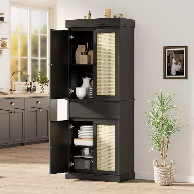 Rattan Kitchen Pantry Storage Cabinet,Cabinet,69 Freestanding Cupboard Cabinet with Drawer with Doors and Adjustable Shelves for Bathroom