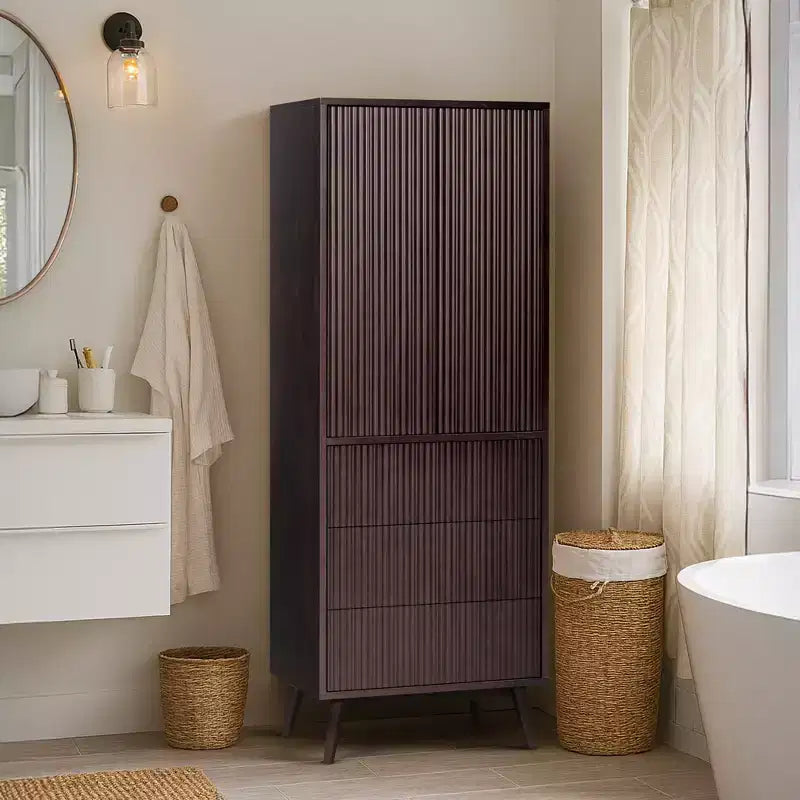 Teamson Home Tremolo Modern Boho Linen Storage Cabinet with Solid Wood & Contemporary Fluted Fronts