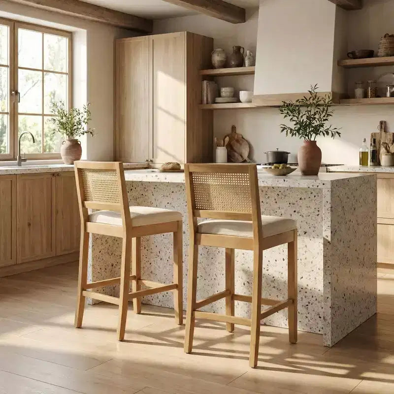 Homy Casa Solid Wood Bar Stools Set of 2 with Rattan Back and Padded Upholstered Seat