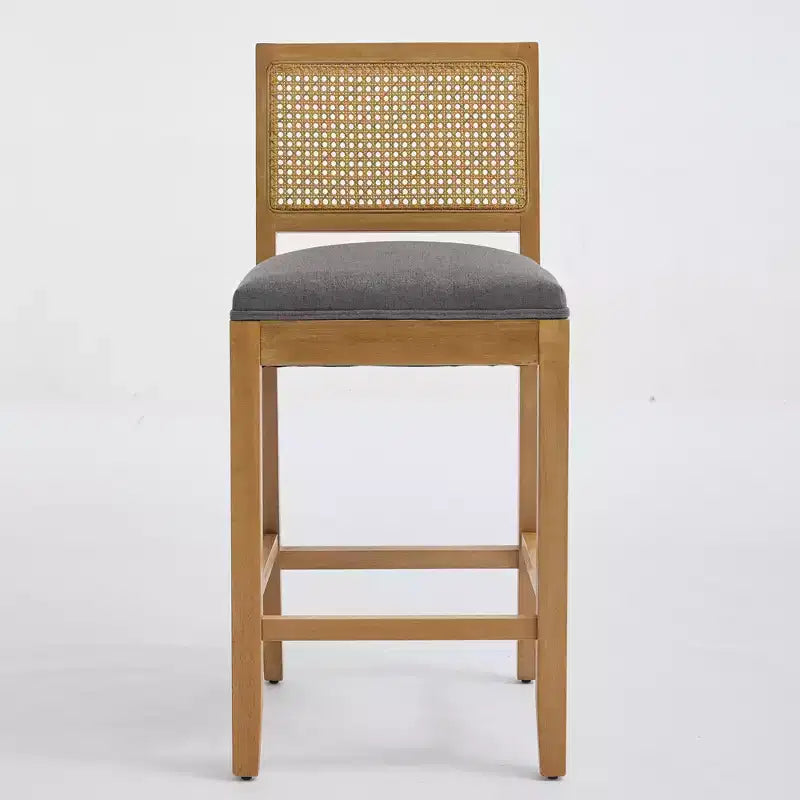 Homy Casa Solid Wood Bar Stools Set of 2 with Rattan Back and Padded Upholstered Seat