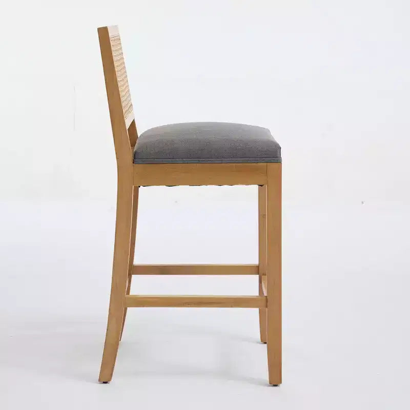 Homy Casa Solid Wood Bar Stools Set of 2 with Rattan Back and Padded Upholstered Seat