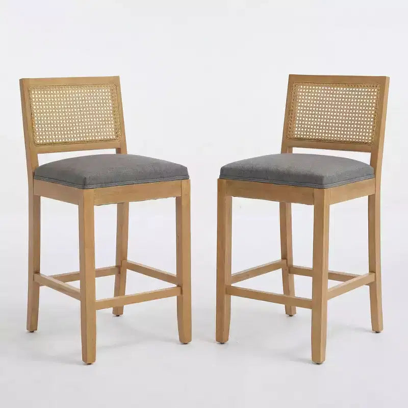 Homy Casa Solid Wood Bar Stools Set of 2 with Rattan Back and Padded Upholstered Seat