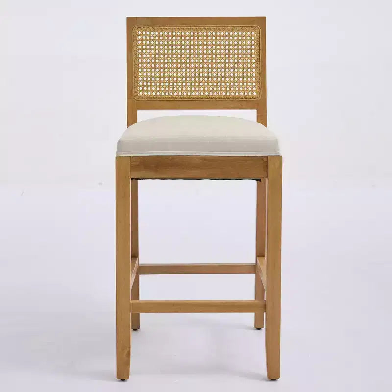 Homy Casa Solid Wood Bar Stools Set of 2 with Rattan Back and Padded Upholstered Seat