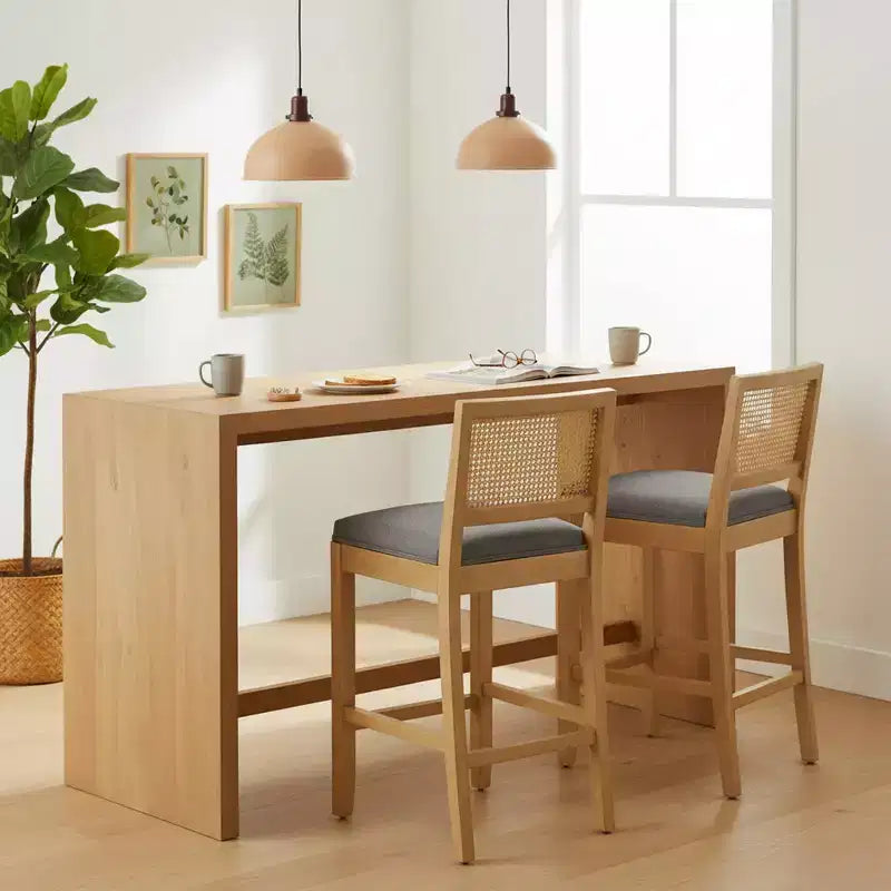 Homy Casa Solid Wood Bar Stools Set of 2 with Rattan Back and Padded Upholstered Seat