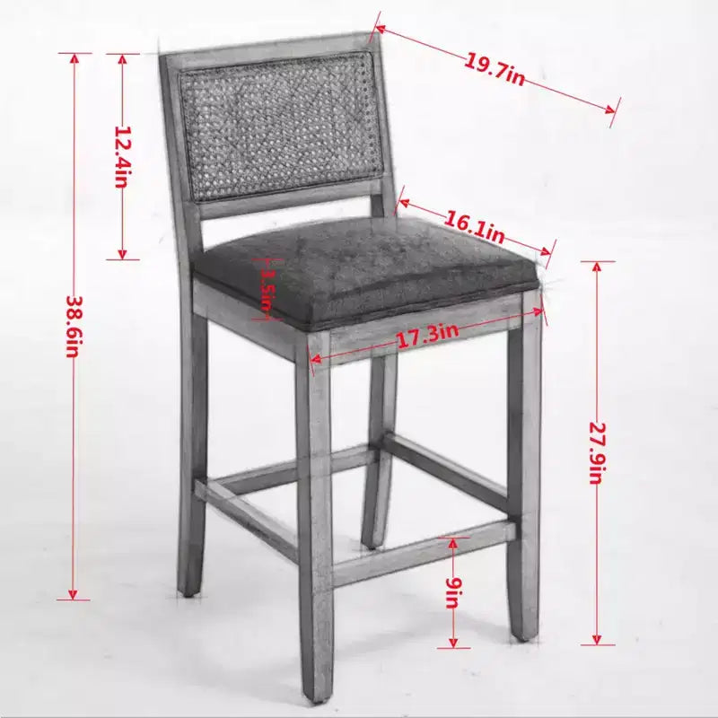 Homy Casa Solid Wood Bar Stools Set of 2 with Rattan Back and Padded Upholstered Seat