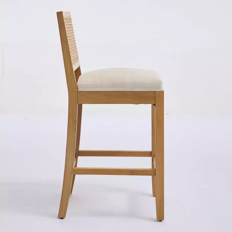 Homy Casa Solid Wood Bar Stools Set of 2 with Rattan Back and Padded Upholstered Seat