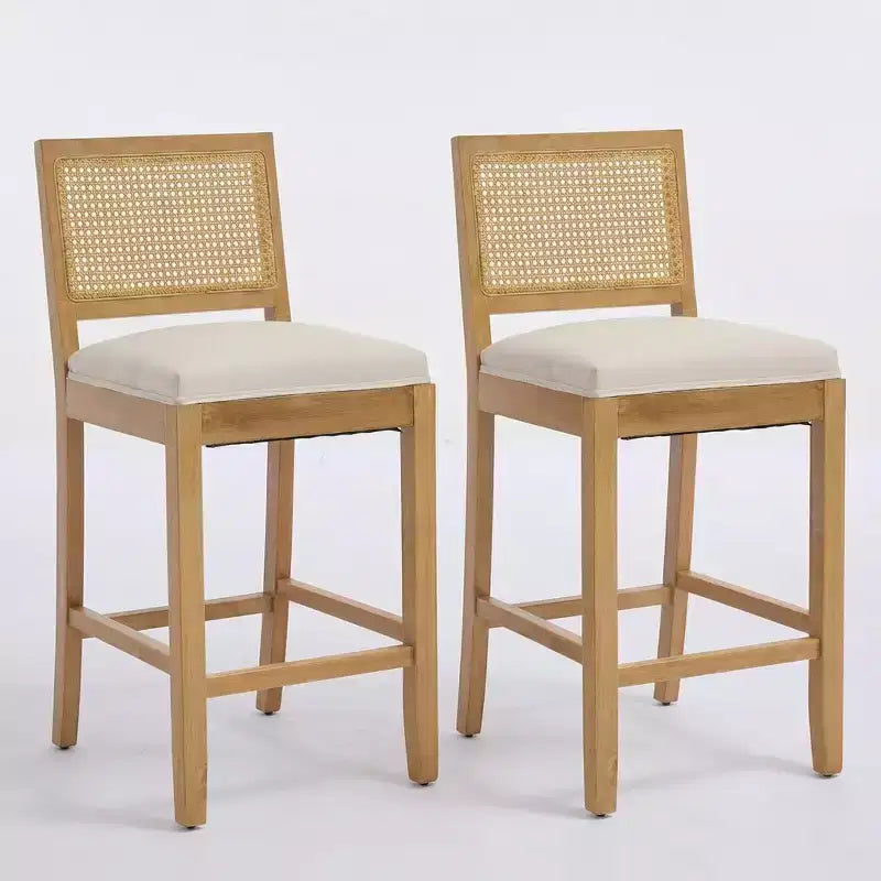 Homy Casa Solid Wood Bar Stools Set of 2 with Rattan Back and Padded Upholstered Seat