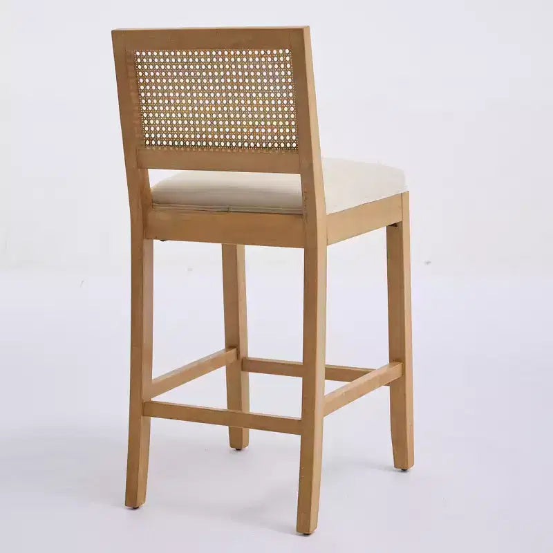 Homy Casa Solid Wood Bar Stools Set of 2 with Rattan Back and Padded Upholstered Seat