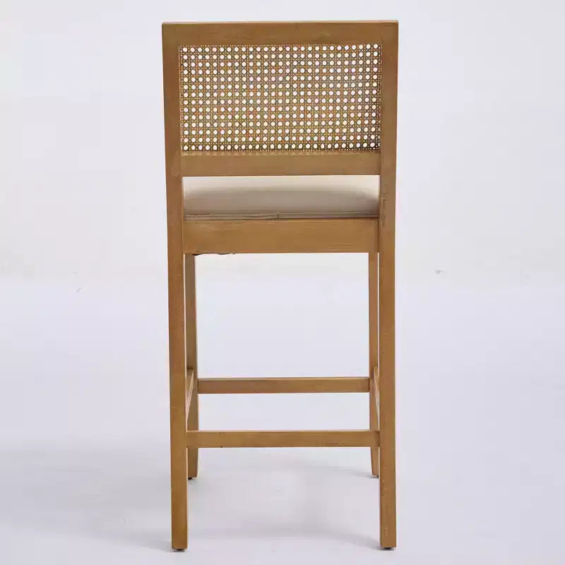 Homy Casa Solid Wood Bar Stools Set of 2 with Rattan Back and Padded Upholstered Seat