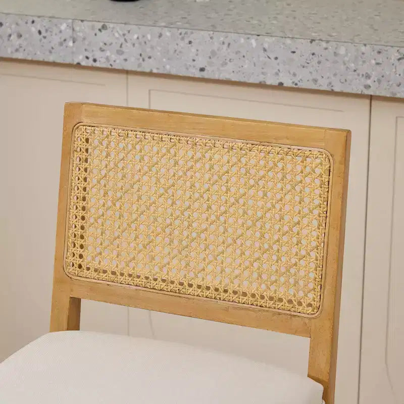 Homy Casa Solid Wood Bar Stools Set of 2 with Rattan Back and Padded Upholstered Seat