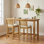 Homy Casa Solid Wood Bar Stools Set of 2 with Rattan Back and Padded Upholstered Seat