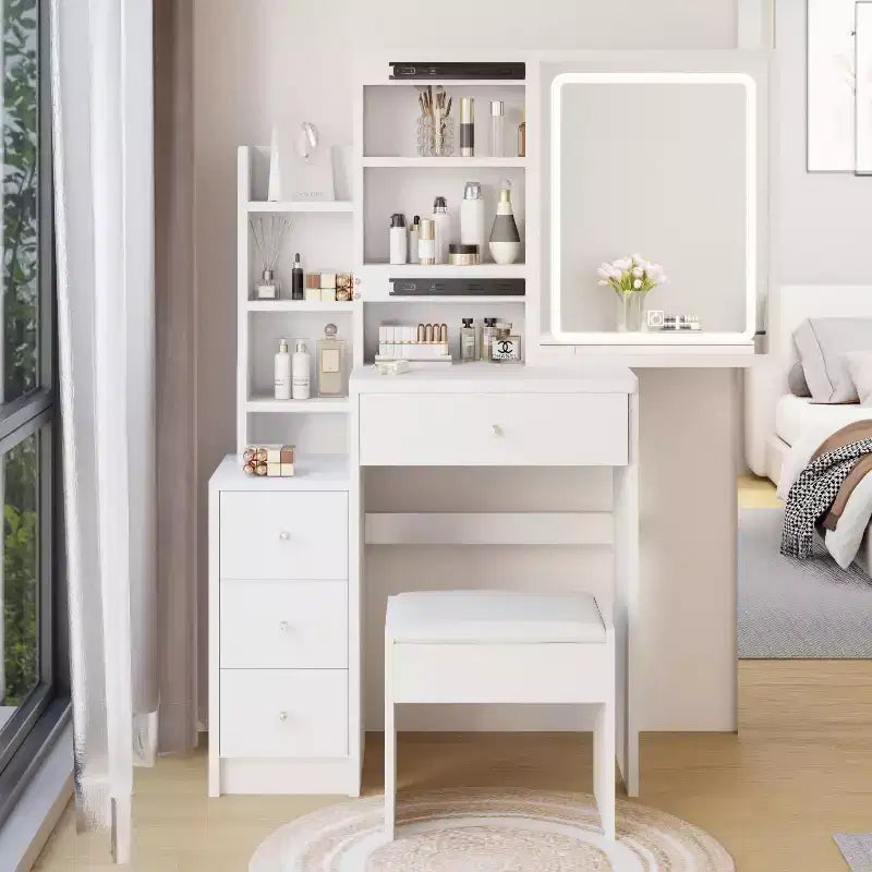 Simple Assembly Vanity Set with Stool, Assembly Video, Guide, Over 30-Piece Kit for Bedroom Makeup Area and Daily Home Outfits