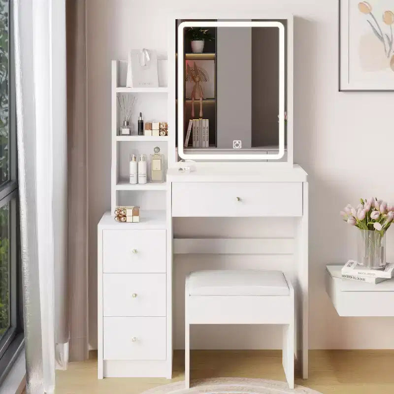 Simple Assembly Vanity Set with Stool, Assembly Video, Guide, Over 30-Piece Kit for Bedroom Makeup Area and Daily Home Outfits