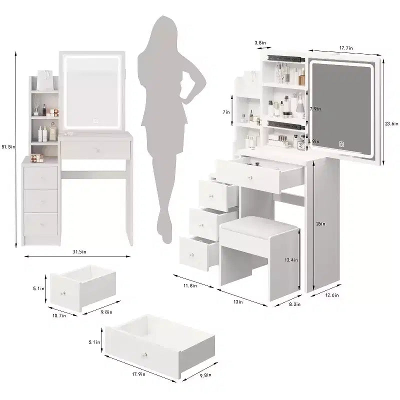 Simple Assembly Vanity Set with Stool, Assembly Video, Guide, Over 30-Piece Kit for Bedroom Makeup Area and Daily Home Outfits