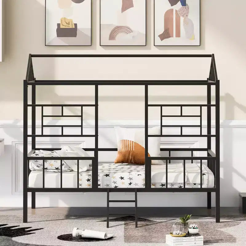 Metal Platform Bed Frame Twin Size Low Tree House Bed with Slatted Support for Toddlers Teen Boys Girls