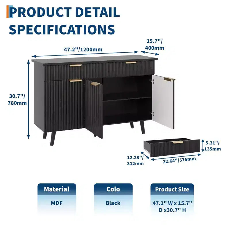 47 in Modern Fluted Buffet Cabinet with Storage, 3 Doors & 2 Drawers Adjustable Shelves Multi-Functional Accent Credenza, Sideboard Cabinet