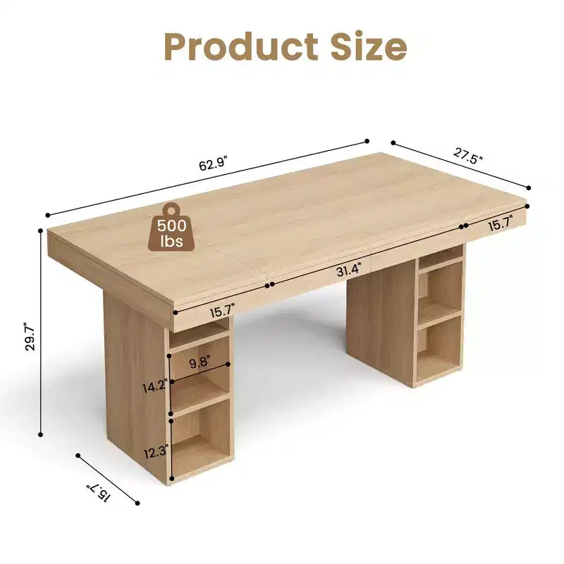 63-Inch Rectangular Dining Table with Storage, Large Dining Table for 6 w/Large Tabletop & Sturdy Frame, Wooden Kitchen Table with Double Pedestal