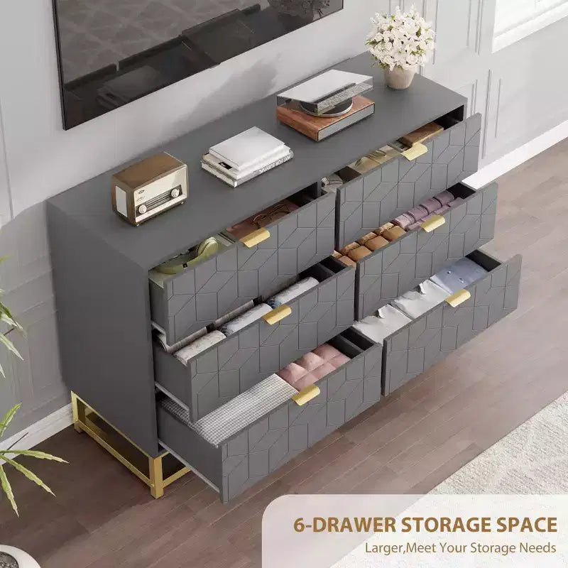 White 6-Drawer Dresser with Gold Handles - Modern Wood Chest for Bedroom, Closet & Nightstand Use