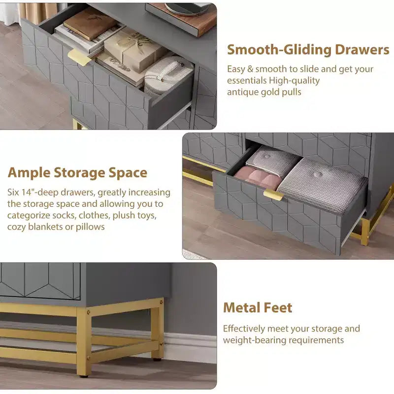 White 6-Drawer Dresser with Gold Handles - Modern Wood Chest for Bedroom, Closet & Nightstand Use