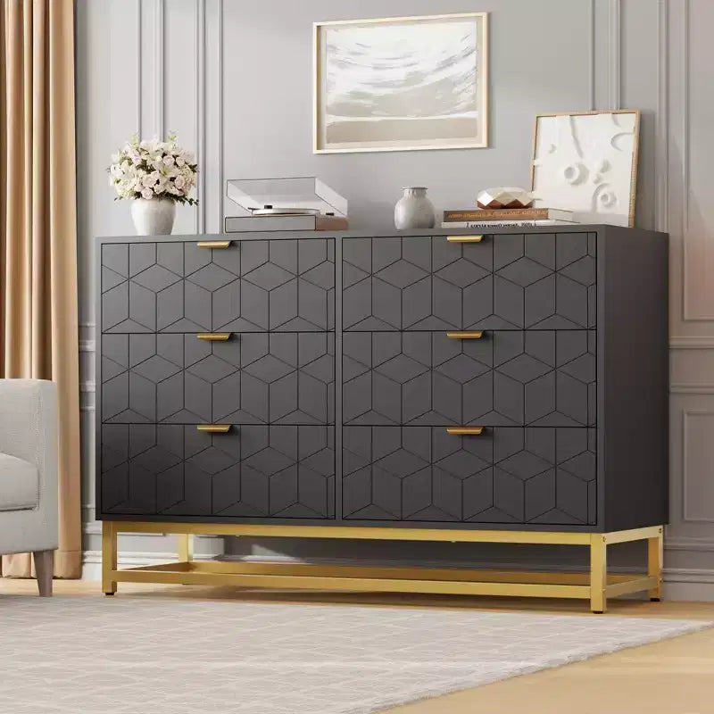 White 6-Drawer Dresser with Gold Handles - Modern Wood Chest for Bedroom, Closet & Nightstand Use