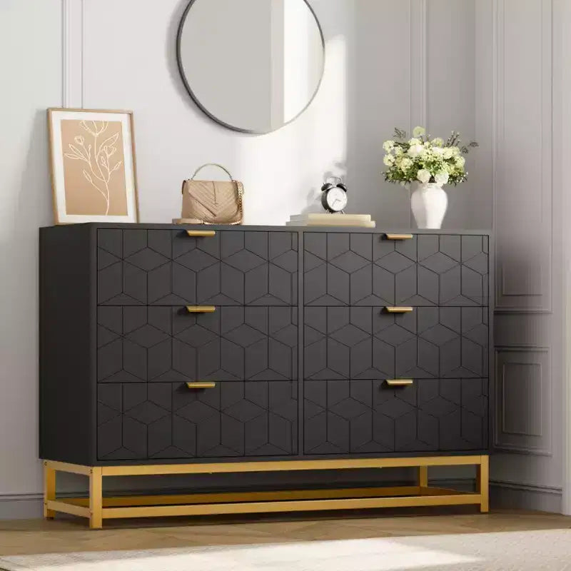 White 6-Drawer Dresser with Gold Handles - Modern Wood Chest for Bedroom, Closet & Nightstand Use