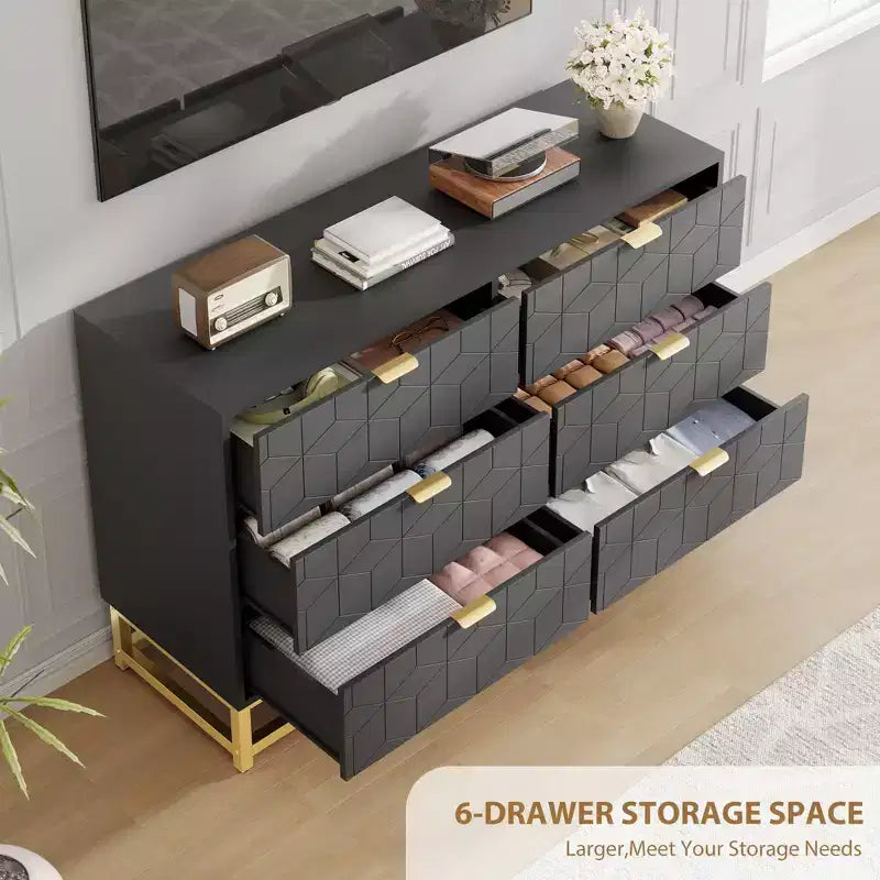White 6-Drawer Dresser with Gold Handles - Modern Wood Chest for Bedroom, Closet & Nightstand Use