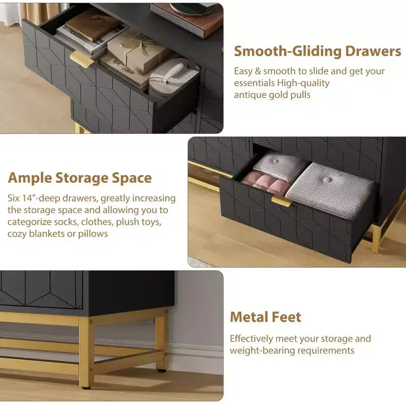 White 6-Drawer Dresser with Gold Handles - Modern Wood Chest for Bedroom, Closet & Nightstand Use