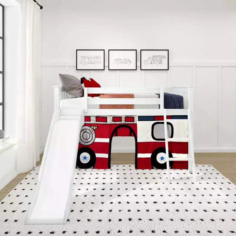 Twin Low Loft With Easy Slide & Firetruck Curtain