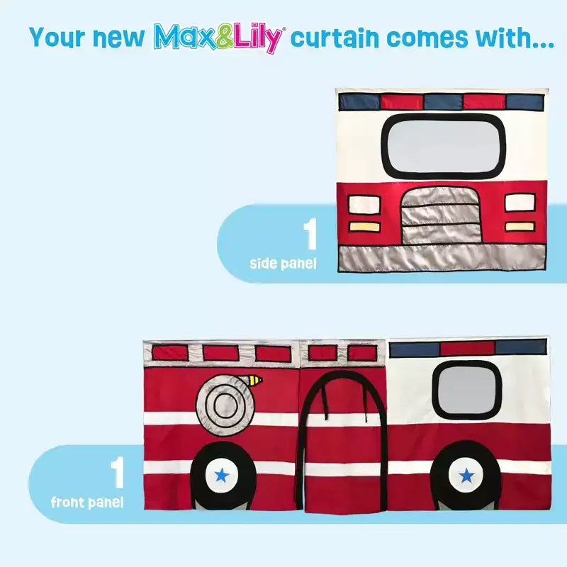 Twin Low Loft With Easy Slide & Firetruck Curtain