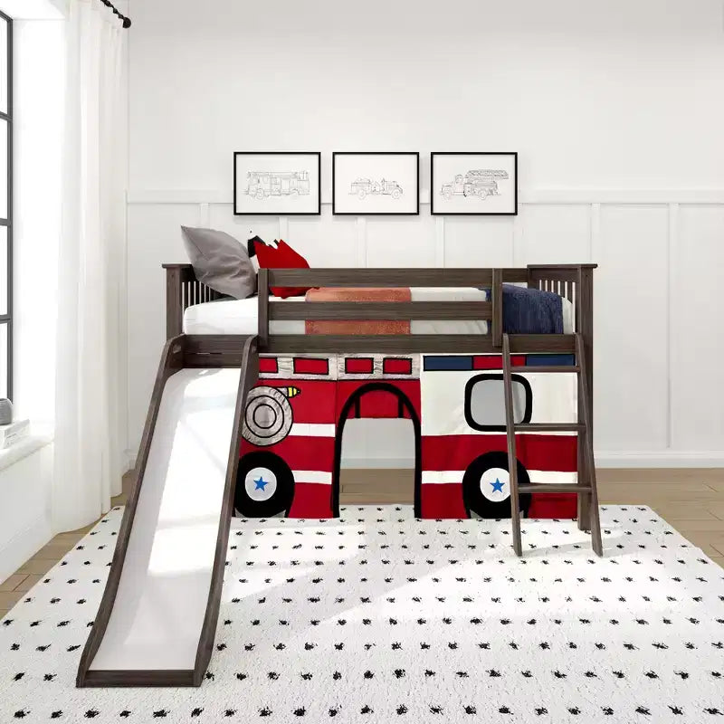 Twin Low Loft With Easy Slide & Firetruck Curtain