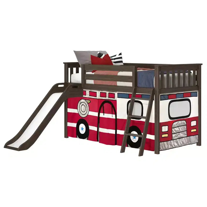 Twin Low Loft With Easy Slide & Firetruck Curtain