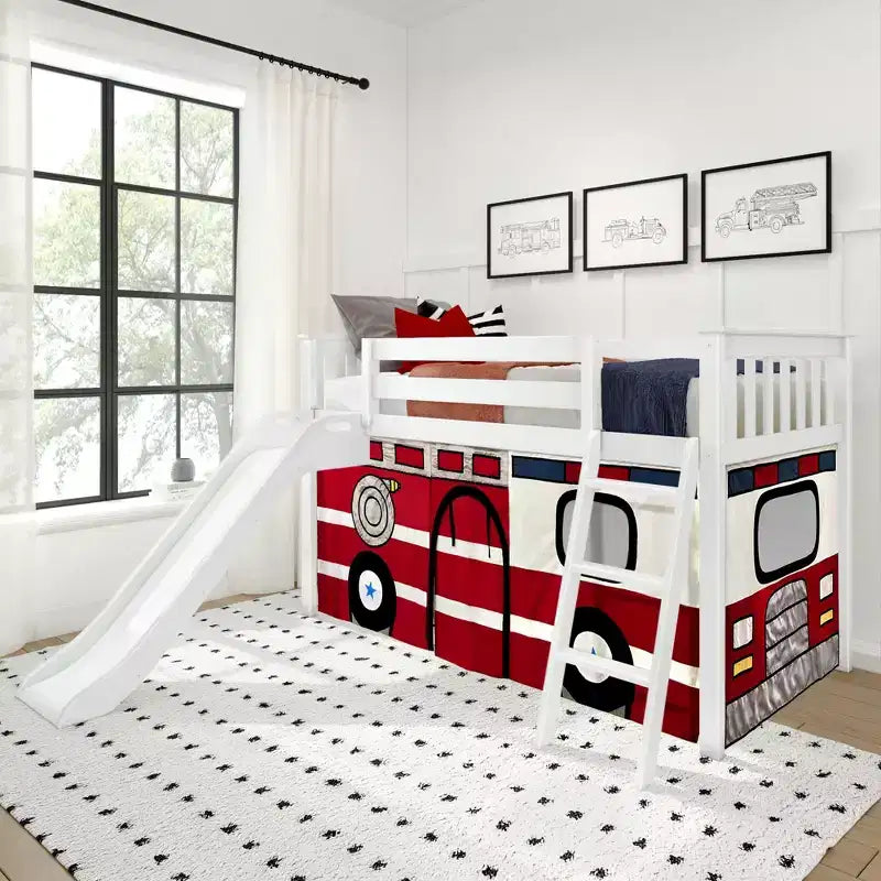 Twin Low Loft With Easy Slide & Firetruck Curtain