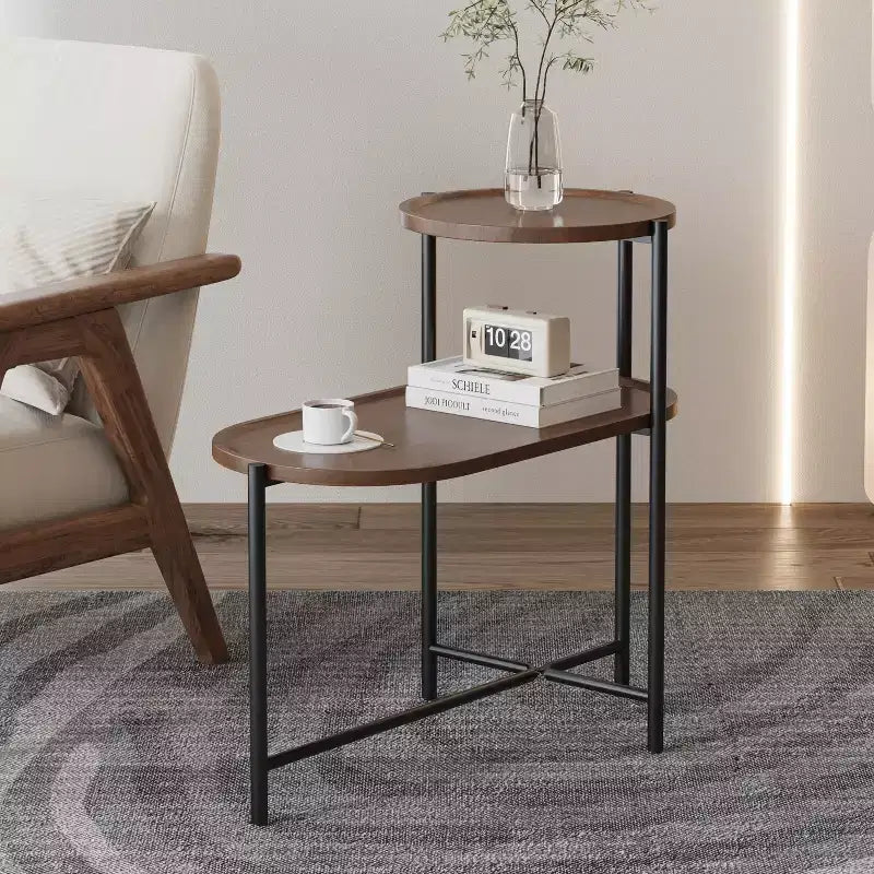 Table basse ronde avec plateau de rangement, tables d'appoint ovales à 2 niveaux, petite table d'appoint en bois pour salon