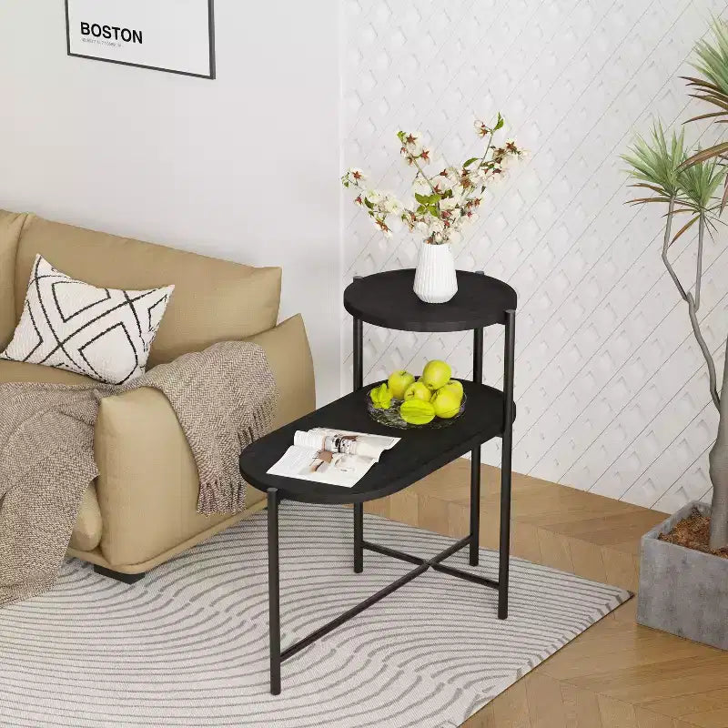 Round Coffee Table with Storage Tray 2 Tier Oval End Tables Wooden Small Side Table for Living Room