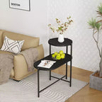 Round Coffee Table with Storage Tray 2 Tier Oval End Tables Wooden Small Side Table for Living Room
