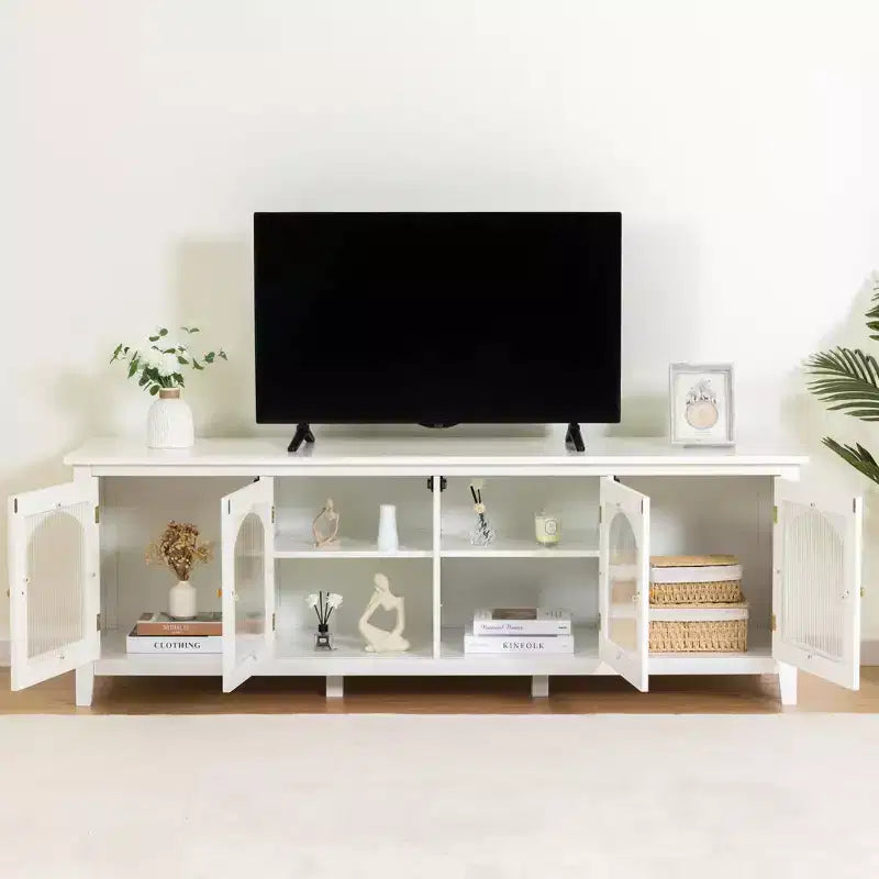 Modern TV Stand for 70 Inch TV, Media Console with Hard Wood Frame, Entertainment Center with Glass Door and Metal Handle for Living Room