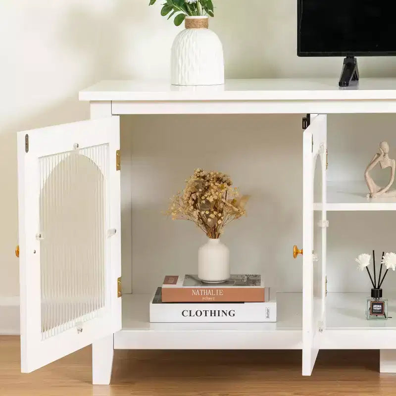 Modern TV Stand for 70 Inch TV, Media Console with Hard Wood Frame, Entertainment Center with Glass Door and Metal Handle for Living Room