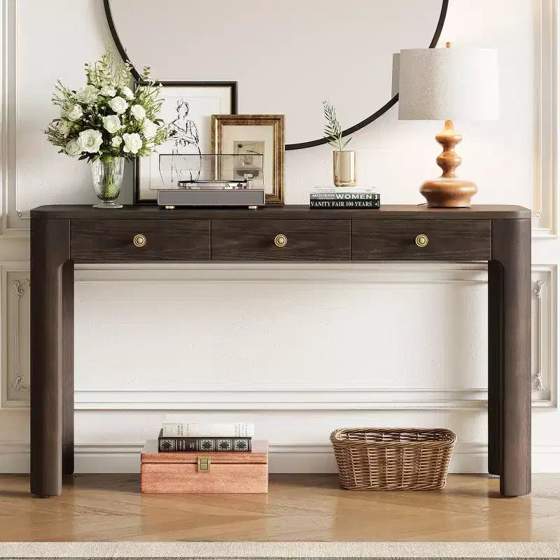 Console et table d'entrée rustiques Whisen, table basse robuste avec 3 tiroirs dissimulés, pieds épais