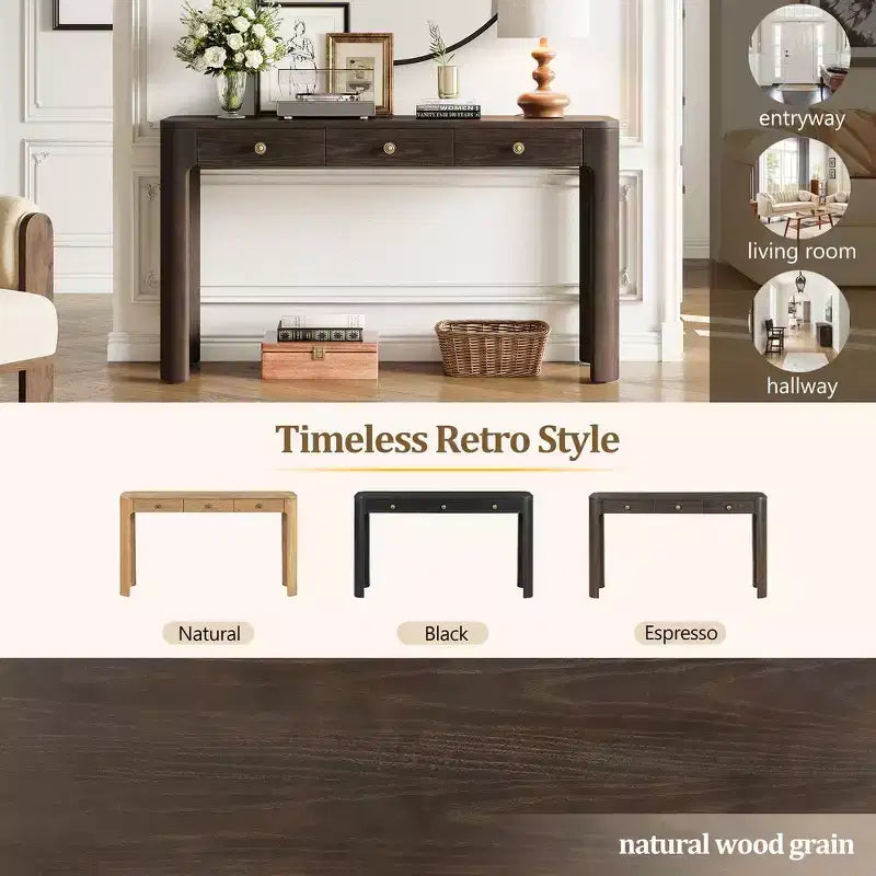 Console et table d'entrée rustiques Whisen, table basse robuste avec 3 tiroirs dissimulés, pieds épais