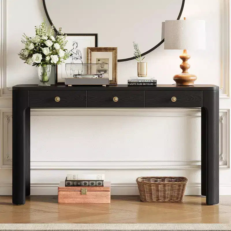 Console et table d'entrée rustiques Whisen, table basse robuste avec 3 tiroirs dissimulés, pieds épais