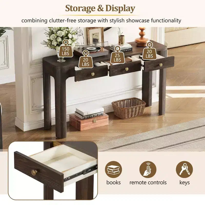 Console et table d'entrée rustiques Whisen, table basse robuste avec 3 tiroirs dissimulés, pieds épais