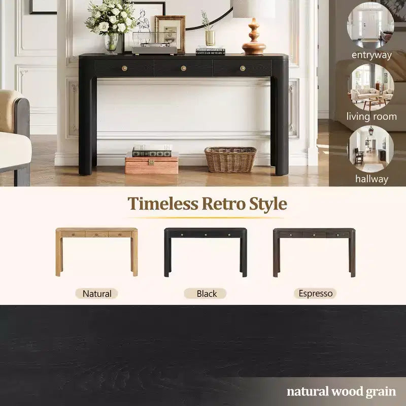 Console et table d'entrée rustiques Whisen, table basse robuste avec 3 tiroirs dissimulés, pieds épais