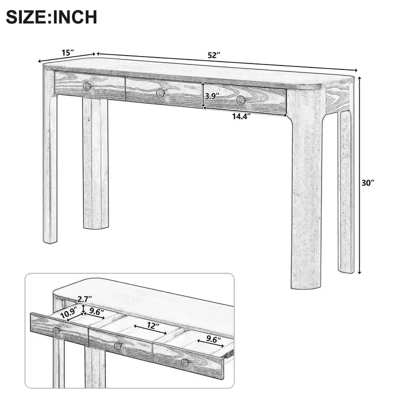 Console et table d'entrée rustiques Whisen, table basse robuste avec 3 tiroirs dissimulés, pieds épais