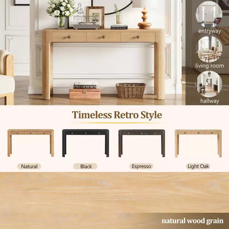 Console et table d'entrée rustiques Whisen, table basse robuste avec 3 tiroirs dissimulés, pieds épais