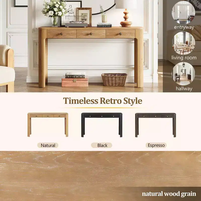 Console et table d'entrée rustiques Whisen, table basse robuste avec 3 tiroirs dissimulés, pieds épais