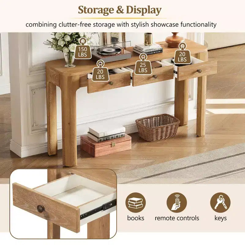 Console et table d'entrée rustiques Whisen, table basse robuste avec 3 tiroirs dissimulés, pieds épais